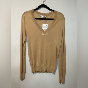 Zara Beige V-neck Long Sleeve Top Size M